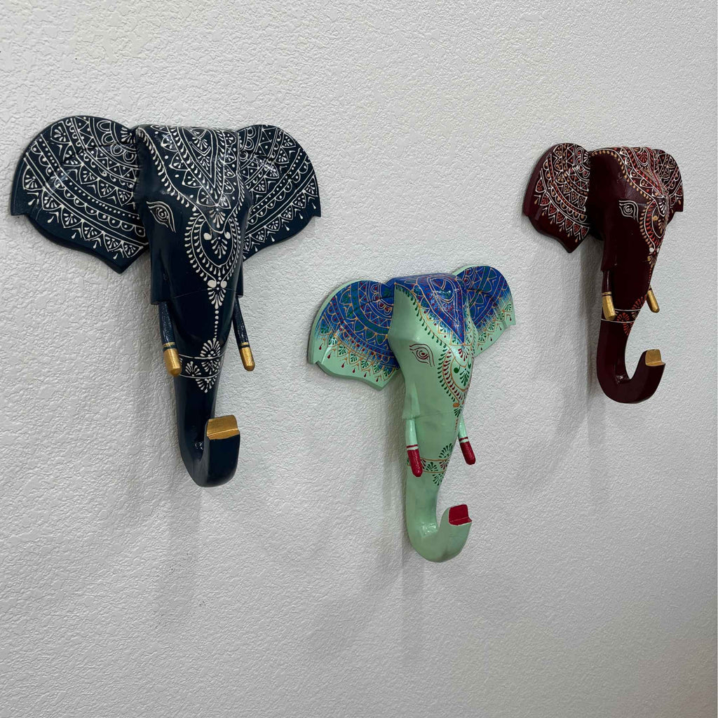 Wooden Elephant Head Wall Art - 17-Inch Hand-Carved, 6 Colours