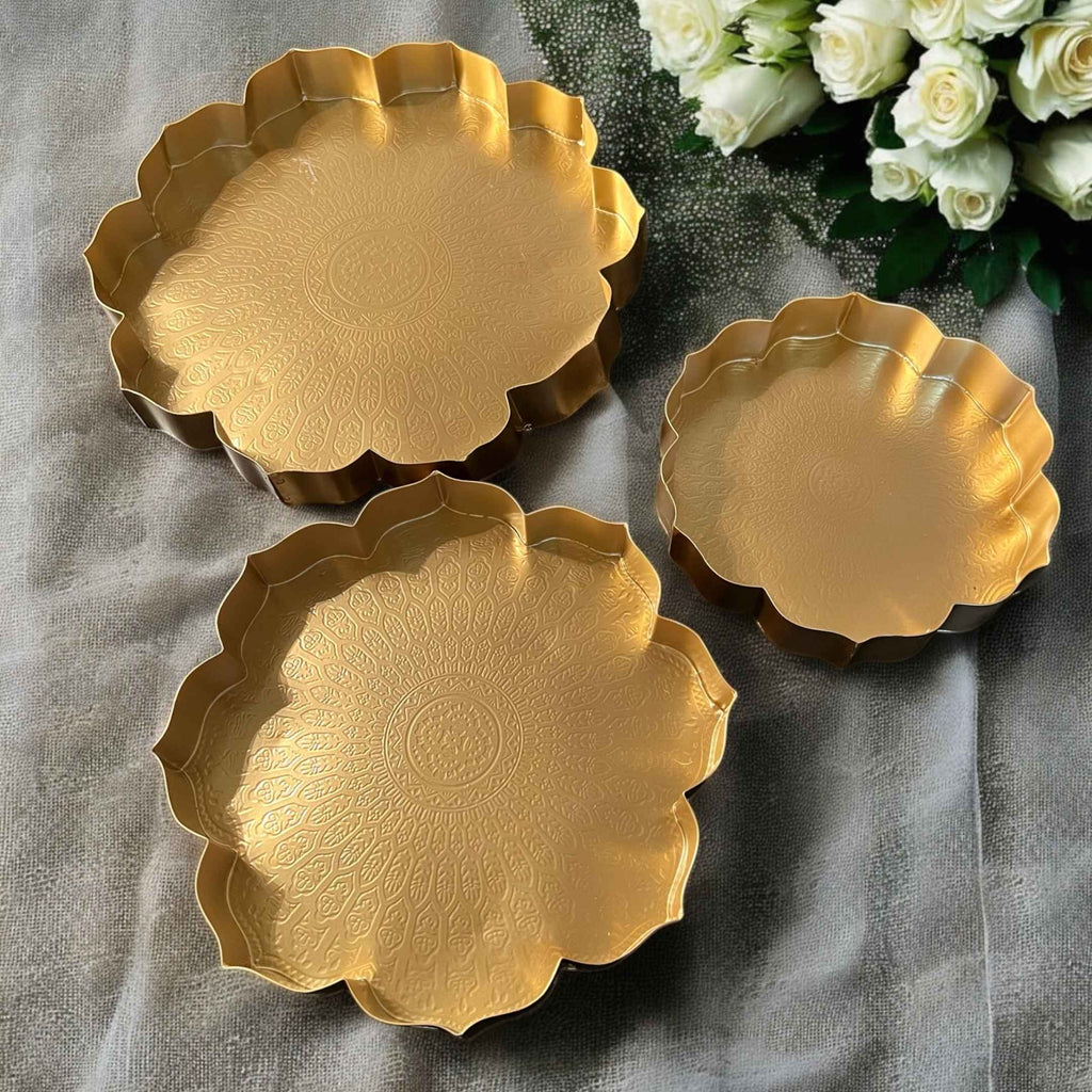 Gold Etched Lotus Urli Bowl Set of 3 – Haldi Tray & Pooja Thali