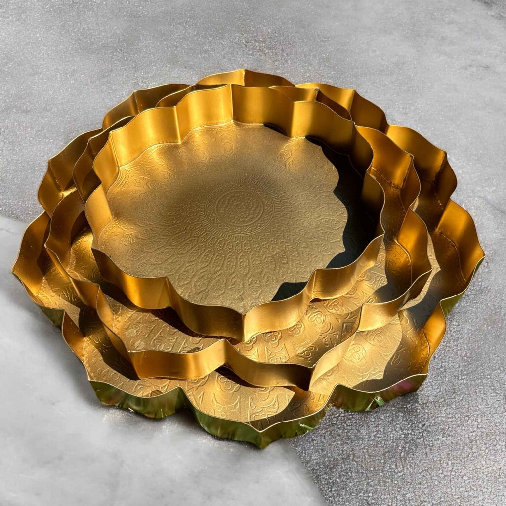 Gold Etched Lotus Urli Bowl Set of 3 – Haldi Tray & Pooja Thali