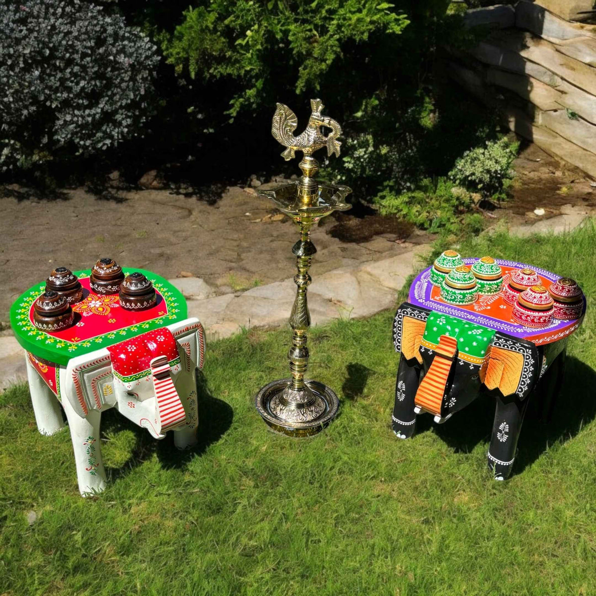 Elephant Stool Side Table - Black & Orange Hand-Painted