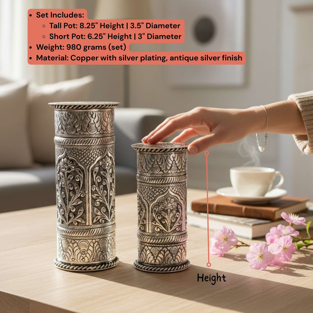 Flower Pot with Lid SET | Antique Silver