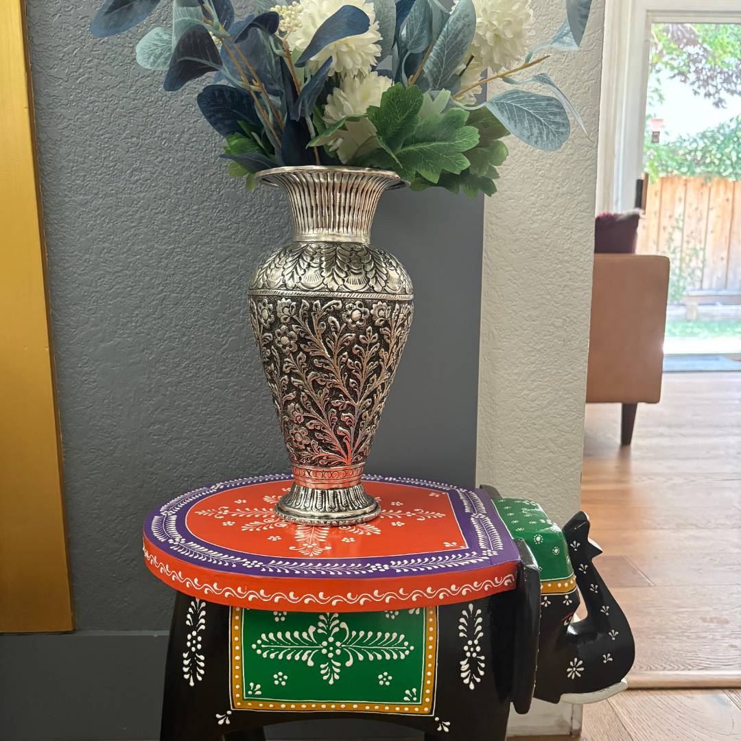 Antique Silver Foliage Vase | Hand-Engraved Copper
