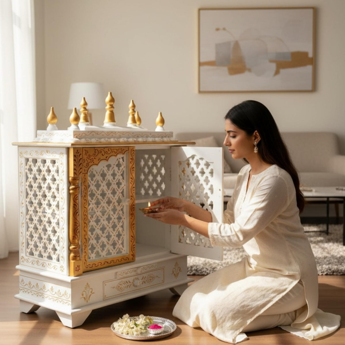White and Gold Wall Hanging Pooja Mandir