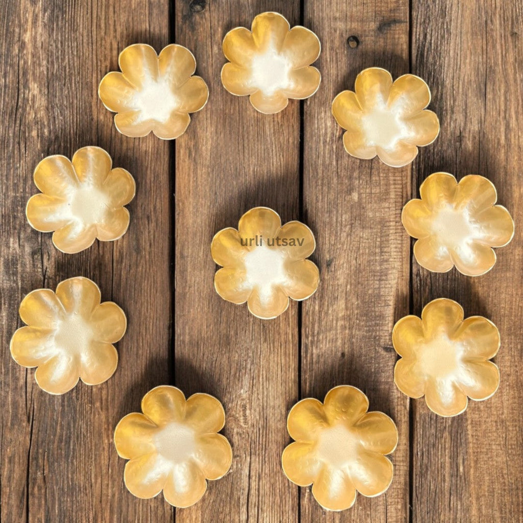 Gold Dhanteras T-Light Holder Set of 10 - Metal Diwali Diyas