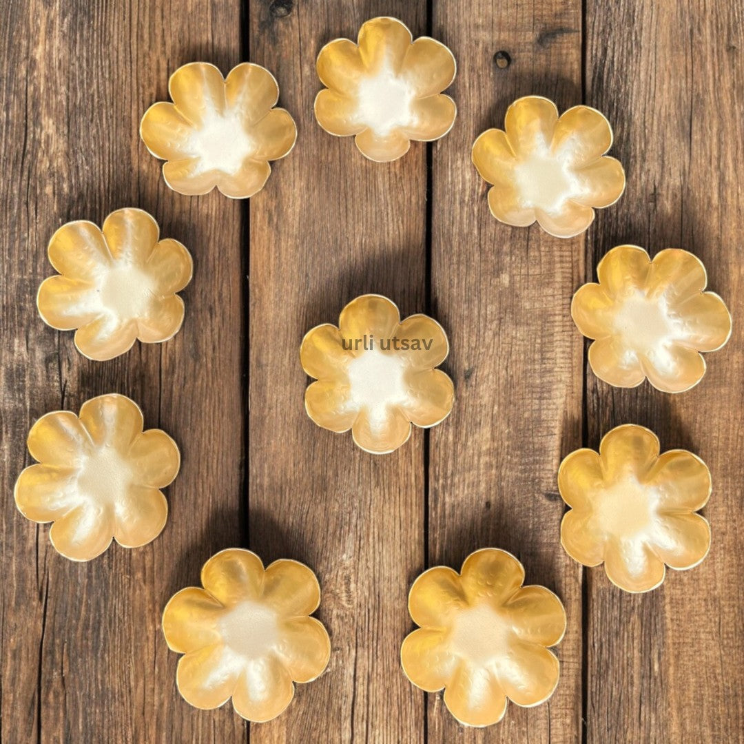 Gold Dhanteras T-Light Holder Set of 10 - Metal Diwali Diyas