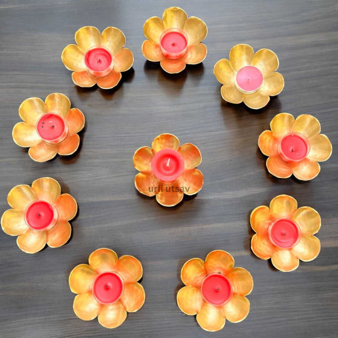 Gold Dhanteras T-Light Holder Set of 10 - Metal Diwali Diyas