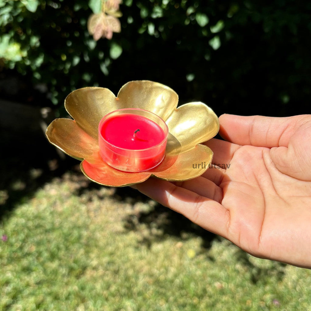 Gold Dhanteras T-Light Holder Set of 10 - Metal Diwali Diyas