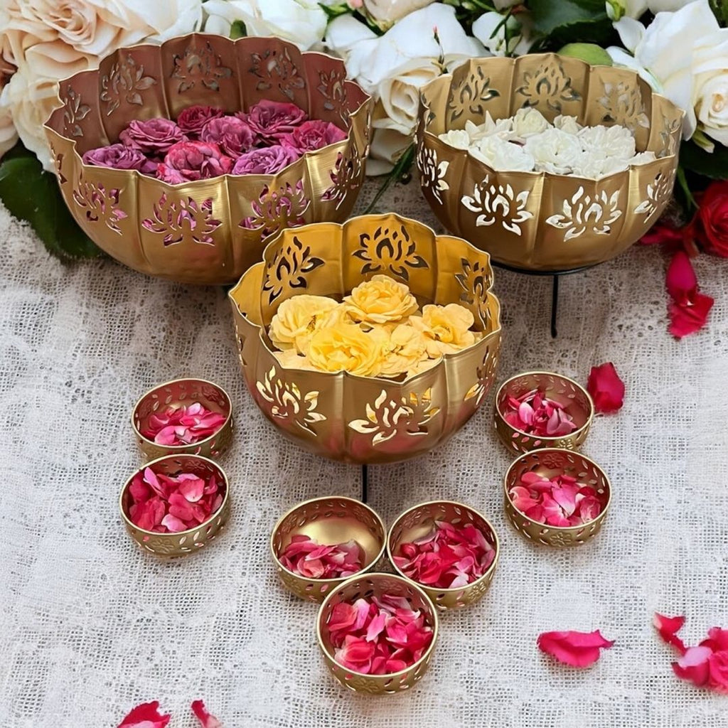 Lotus Motif Jumbo Urli Bowl Set – 13-Piece Wedding & Diwali Centerpiece