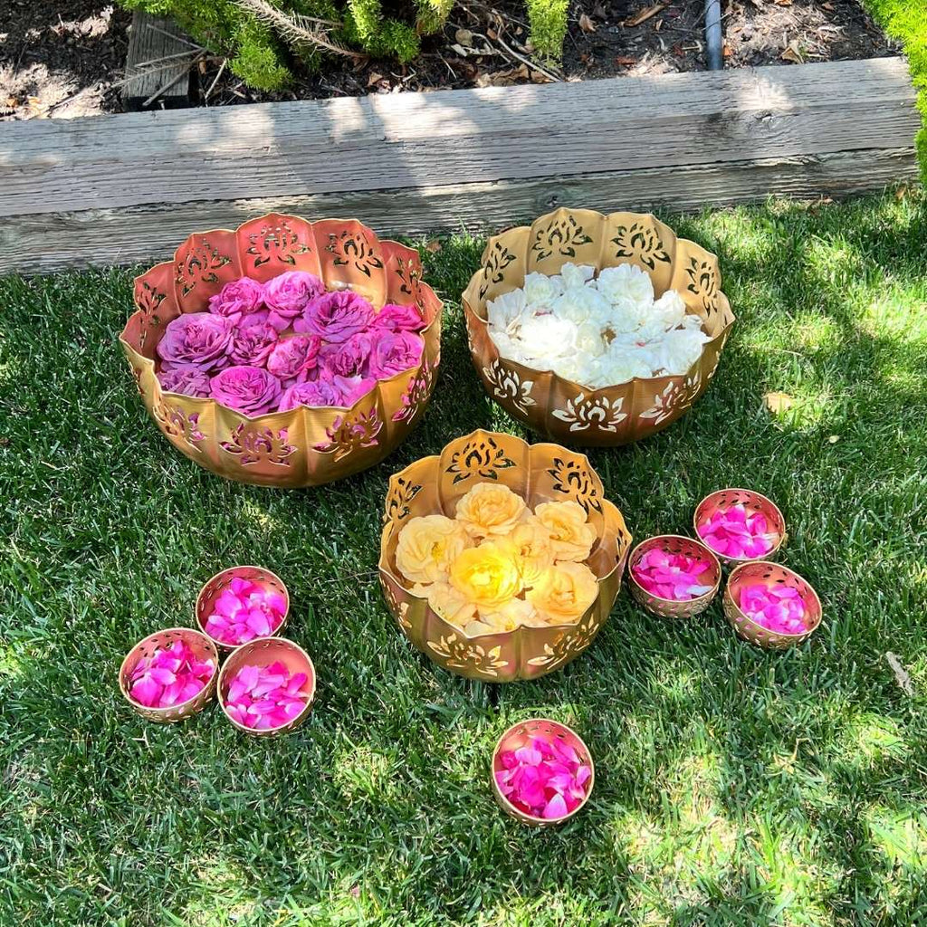 Lotus Motif Jumbo Urli Bowl Set – 13-Piece Wedding & Diwali Centerpiece