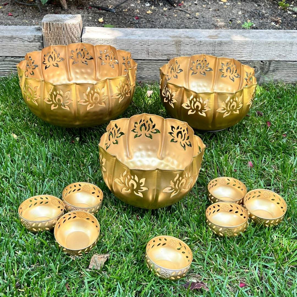 Lotus Motif Jumbo Urli Bowl Set – 13-Piece Wedding & Diwali Centerpiece