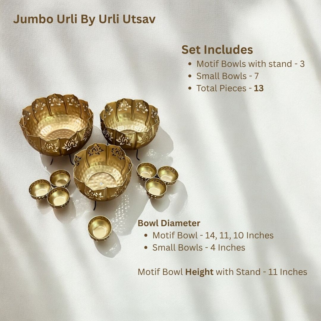 Lotus Motif Jumbo Urli Bowl Set – 13-Piece Wedding & Diwali Centerpiece