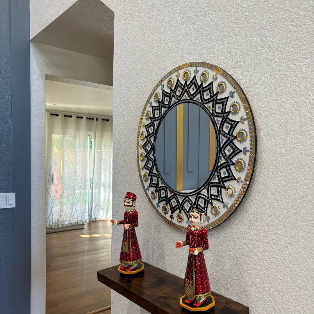 24-Inch Mandala Mirror Wall Art – Ivory & Black Geometric