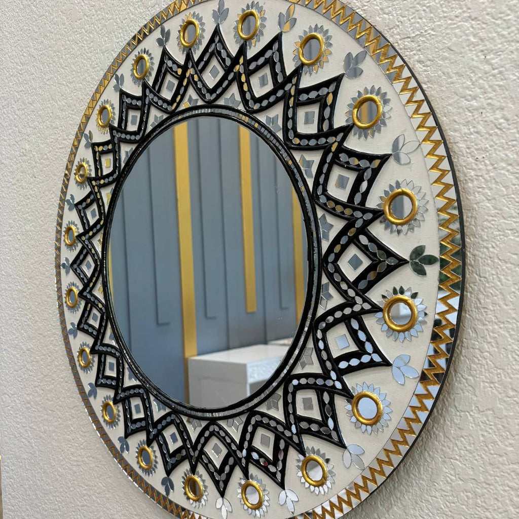24-Inch Mandala Mirror Wall Art – Ivory & Black Geometric