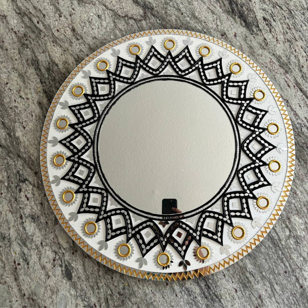 24-Inch Mandala Mirror Wall Art – Ivory & Black Geometric