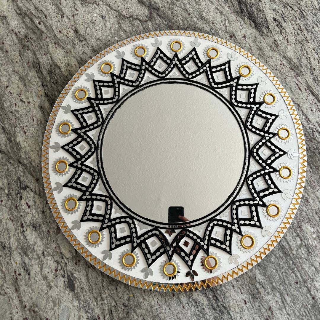 24-Inch Mandala Mirror Wall Art – Ivory & Black Geometric