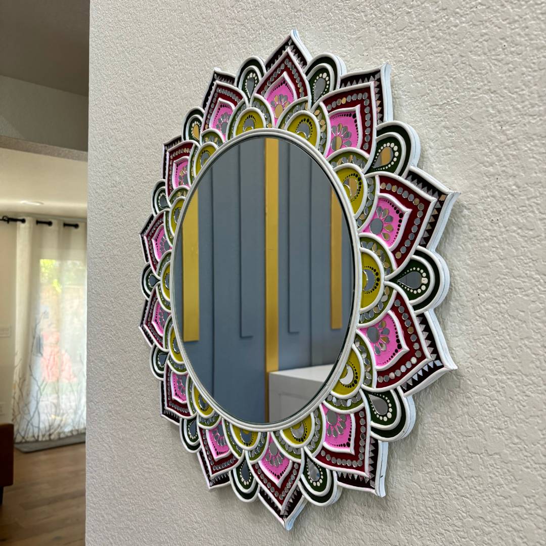 24-Inch Mandala Mirror Wall Art – Pink Sunburst, Scalloped