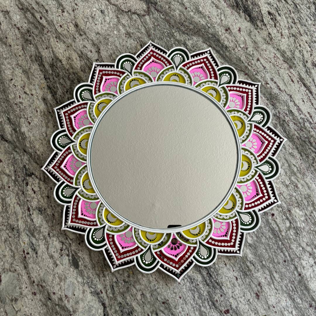 24-Inch Mandala Mirror Wall Art – Pink Sunburst, Scalloped