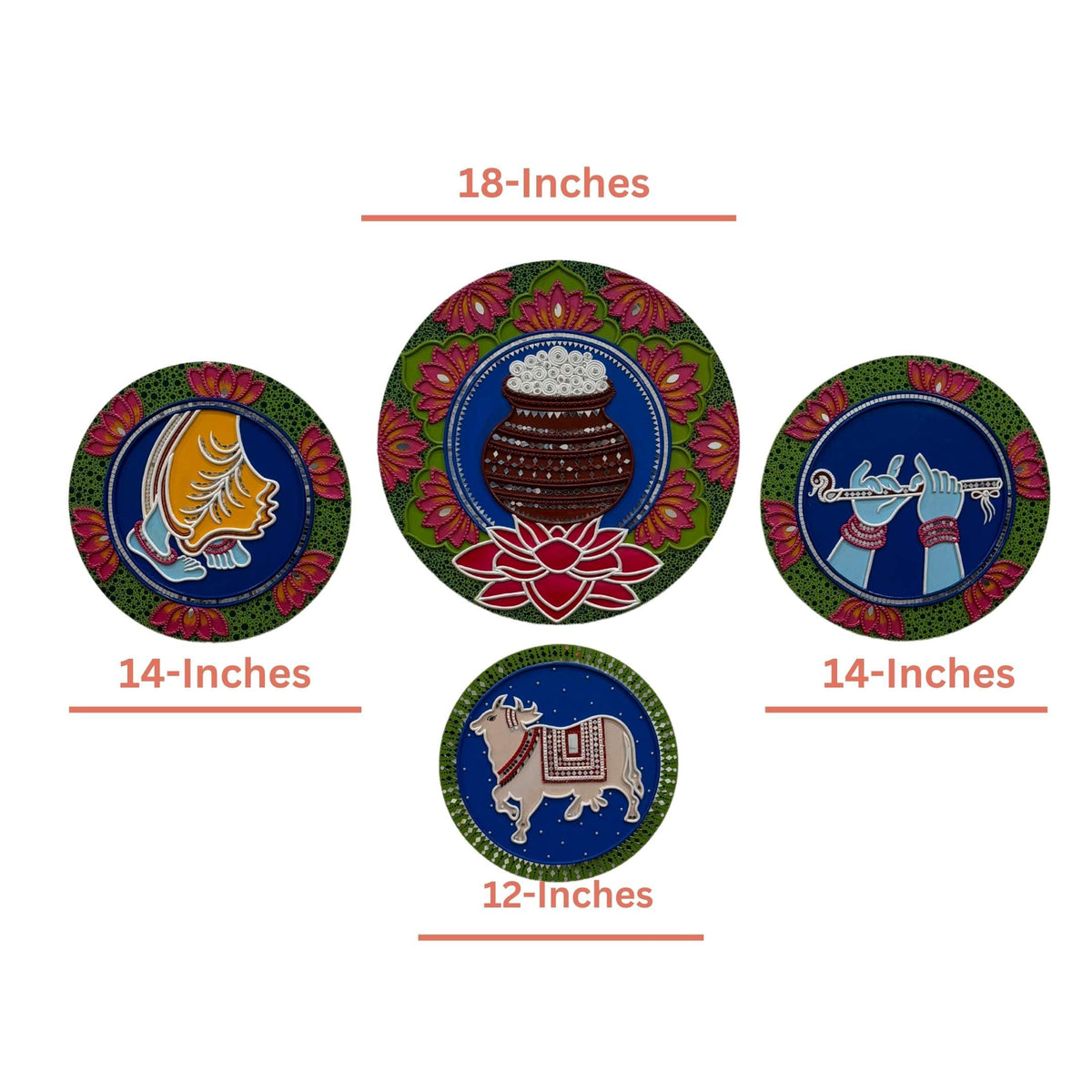 Krishna Lippan Wall Art Medallions - 4 Mud & Mirror Designs