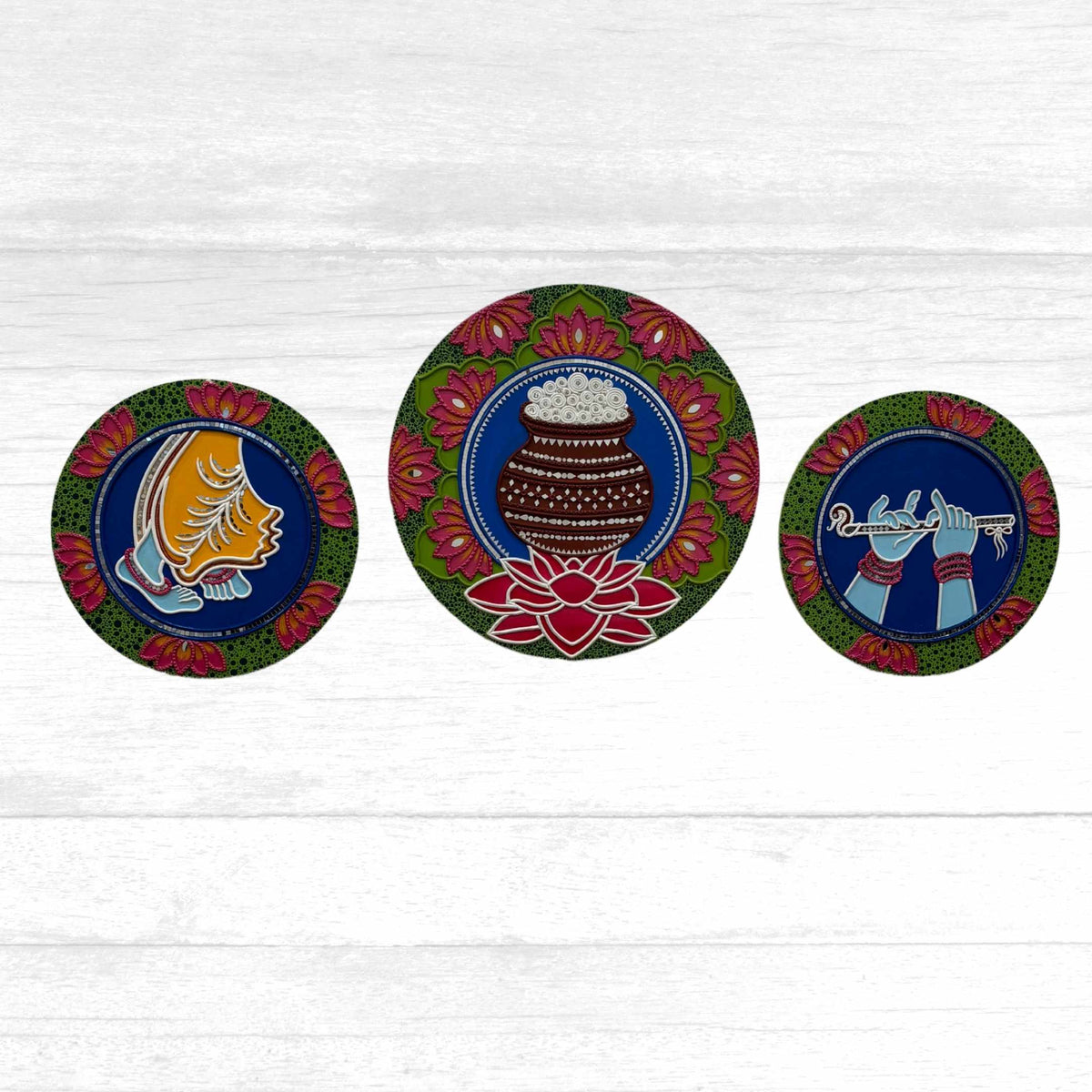 Krishna Lippan Wall Art Medallions - 4 Mud & Mirror Designs