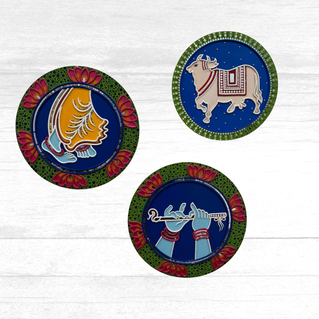 Krishna Lippan Wall Art Medallions - 4 Mud & Mirror Designs