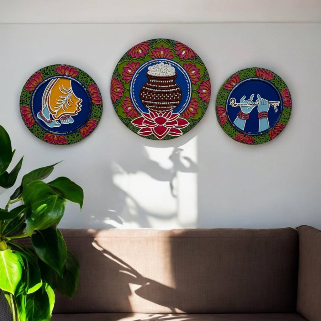 Krishna Lippan Wall Art Medallions - 4 Mud & Mirror Designs