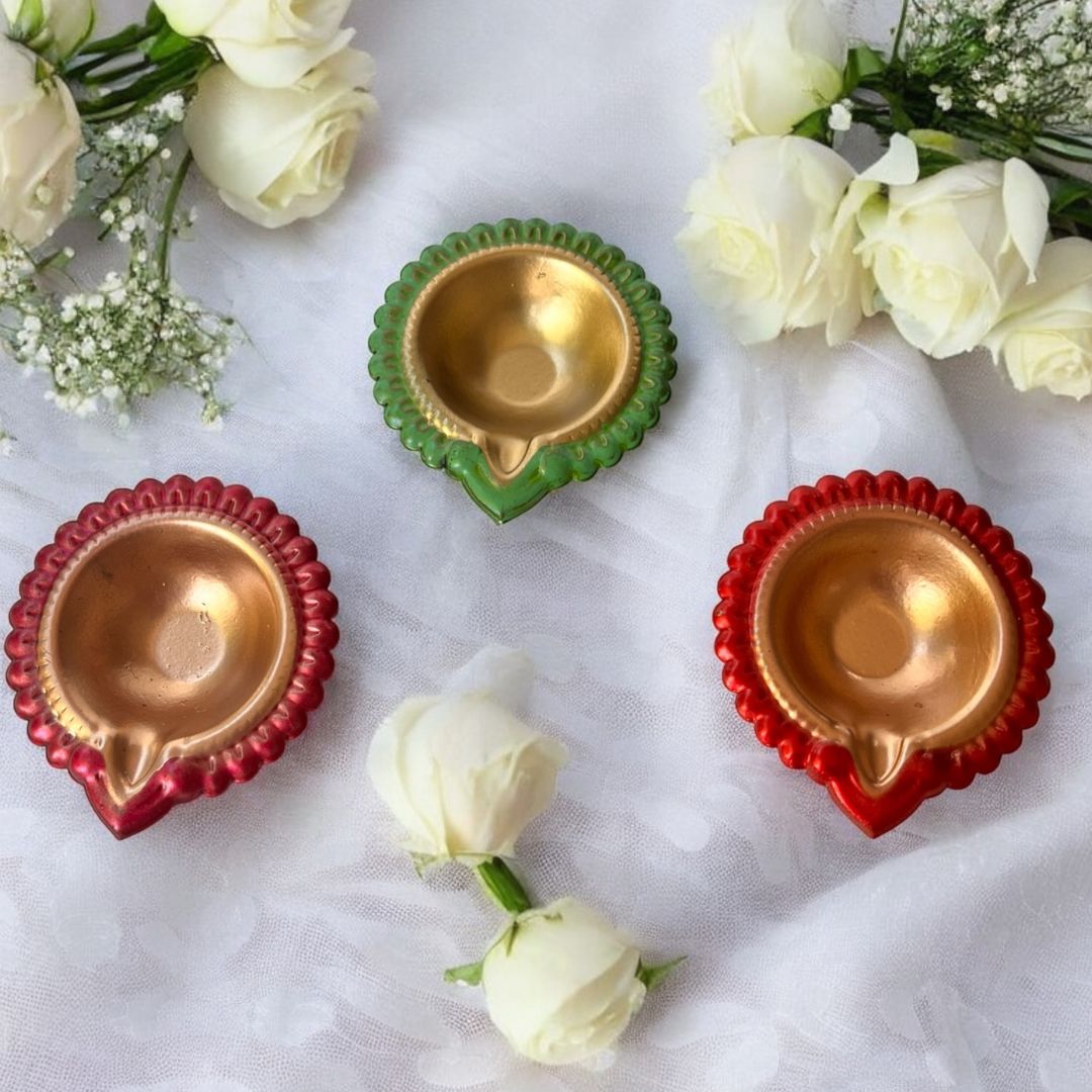 Colourful Metal Diya Set of 12 - 3in Red, Pink & Green Diyas