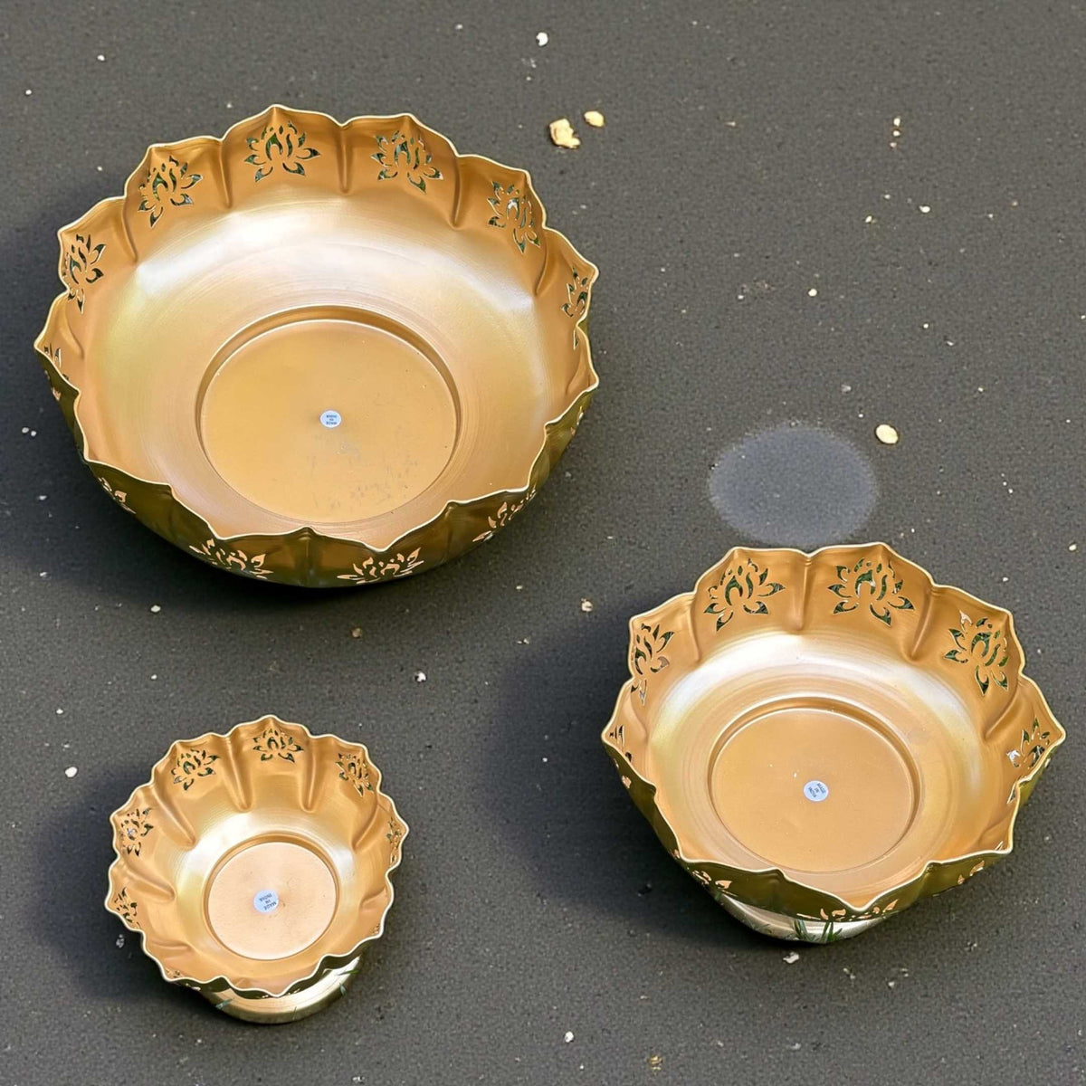 Cutout Lotus Urli Bowls – Set of 3 Sitting Urlis, Gold