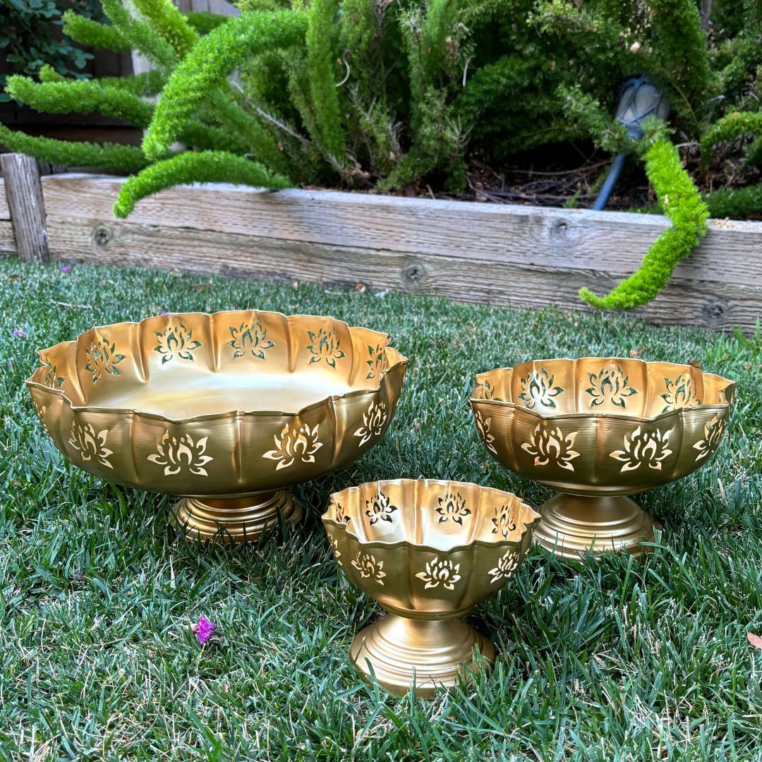 Cutout Lotus Urli Bowls – Set of 3 Sitting Urlis, Gold