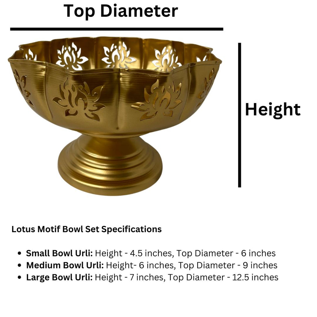 Cutout Lotus Urli Bowls – Set of 3 Sitting Urlis, Gold