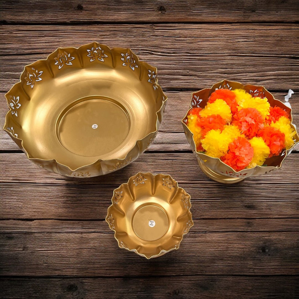 Cutout Lotus Urli Bowls – Set of 3 Sitting Urlis, Gold