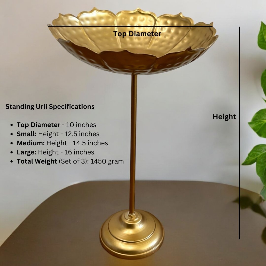 Hammered Lotus Urli Bowls – Set of 3 Standing Urlis, Gold