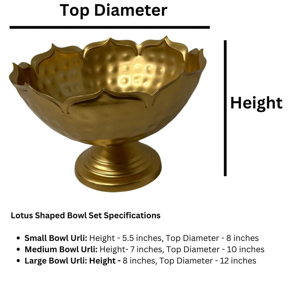 Hammered Lotus Urli Bowls – Set of 3 Sitting Urlis, Gold