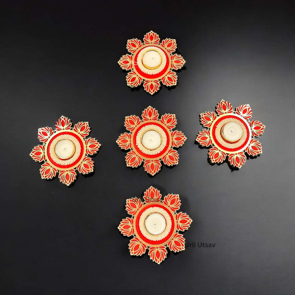 Lotus T-Light Holder Set of 10 - 6in Red or Pink Diwali Diyas
