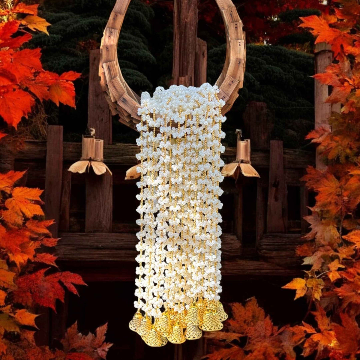 Mogra Jasmine Garland with Gold Bells - Set of 10, 5FT or 2FT