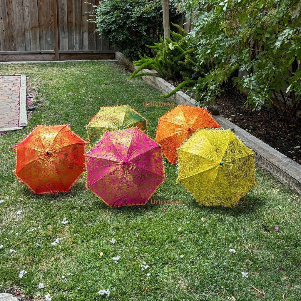 Gold Print Silk Parasols - Decorative Umbrellas, Sets of 5-25
