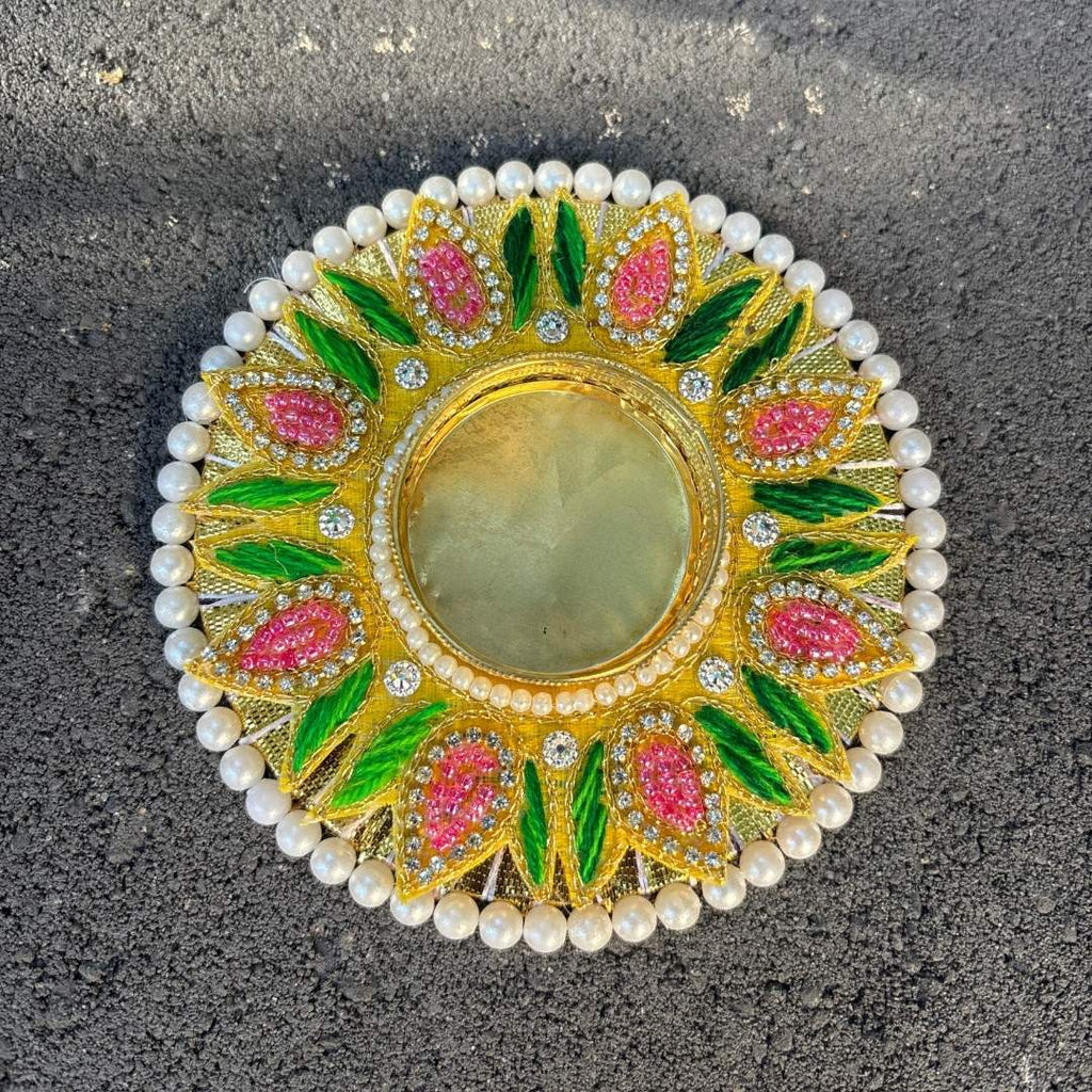 Floral Stonework Diya Set of 10 - Pearl Rim Tea Light Holders