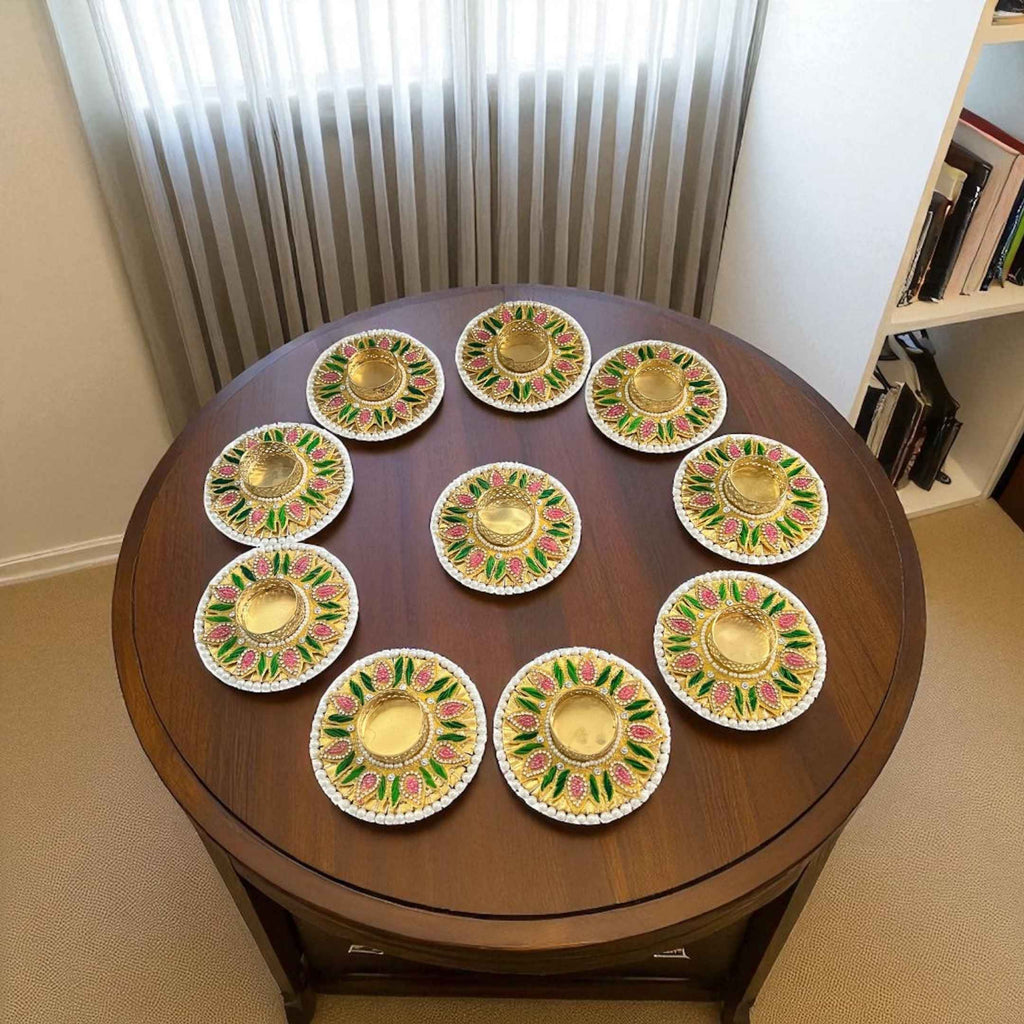 Floral Stonework Diya Set of 10 - Pearl Rim Tea Light Holders