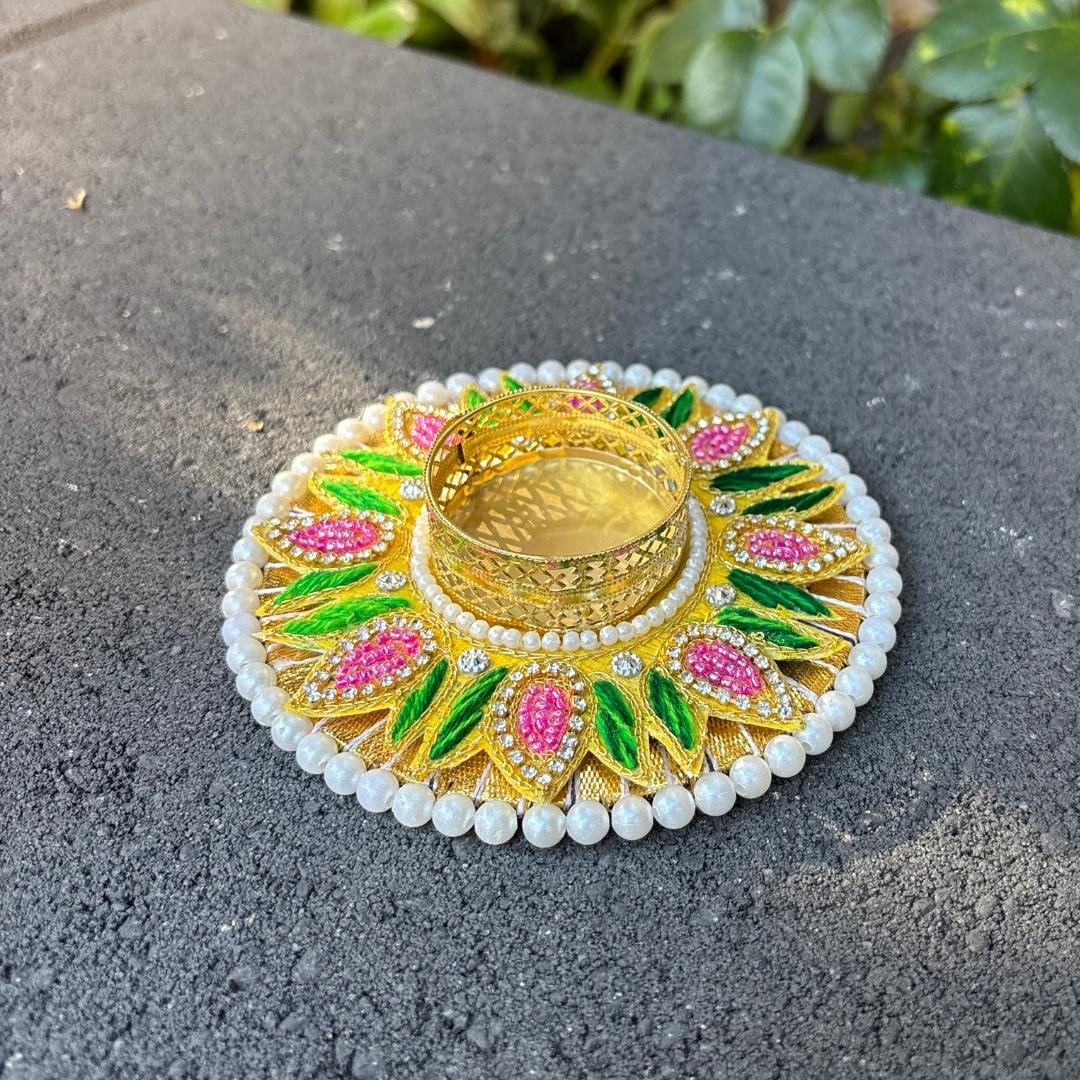 Floral Stonework Diya Set of 10 - Pearl Rim Tea Light Holders