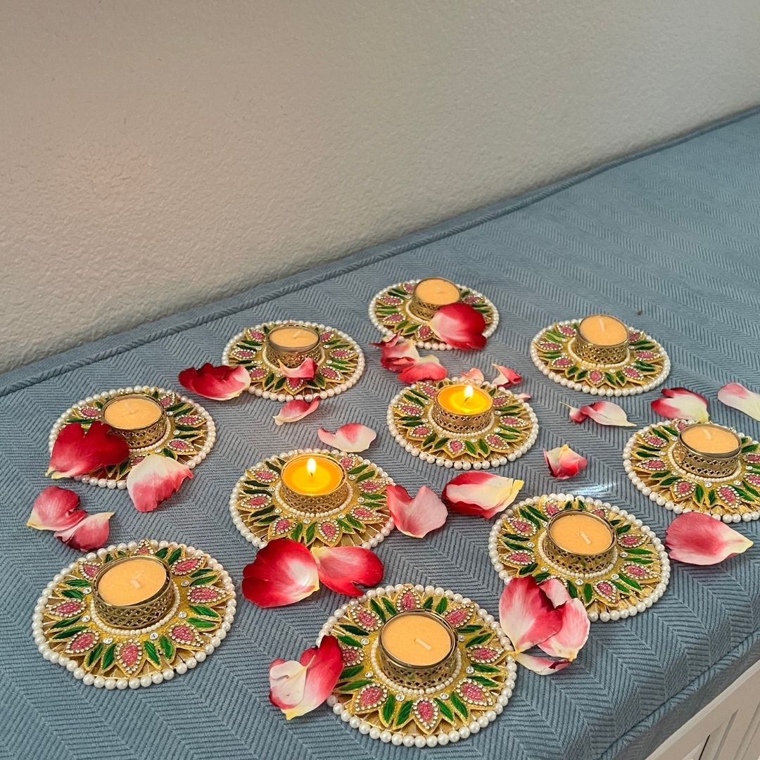 Floral Stonework Diya Set of 10 - Pearl Rim Tea Light Holders