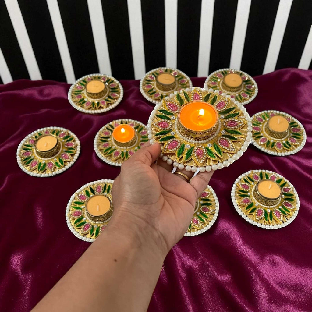 Floral Stonework Diya Set of 10 - Pearl Rim Tea Light Holders