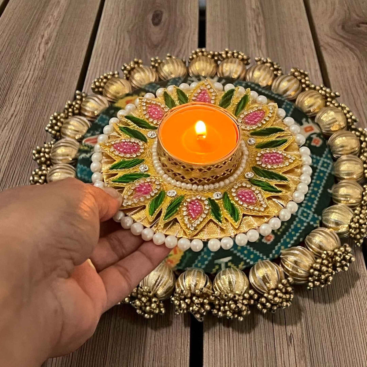 Floral Stonework Diya Set of 10 - Pearl Rim Tea Light Holders