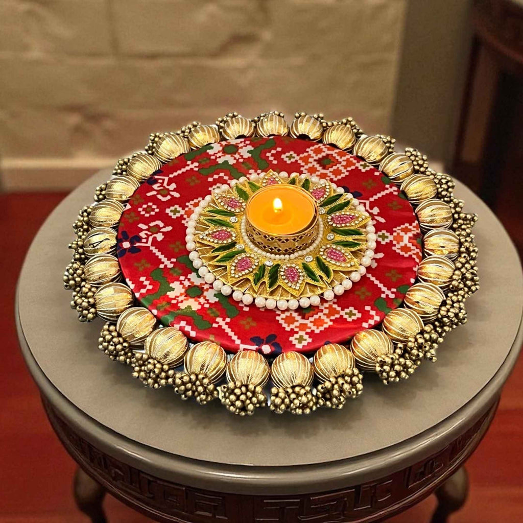 Floral Stonework Diya Set of 10 - Pearl Rim Tea Light Holders