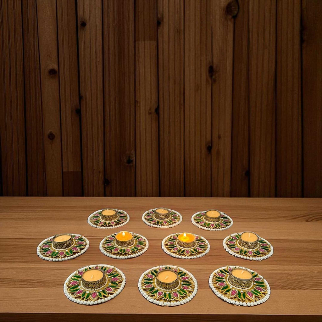 Floral Stonework Diya Set of 10 - Pearl Rim Tea Light Holders