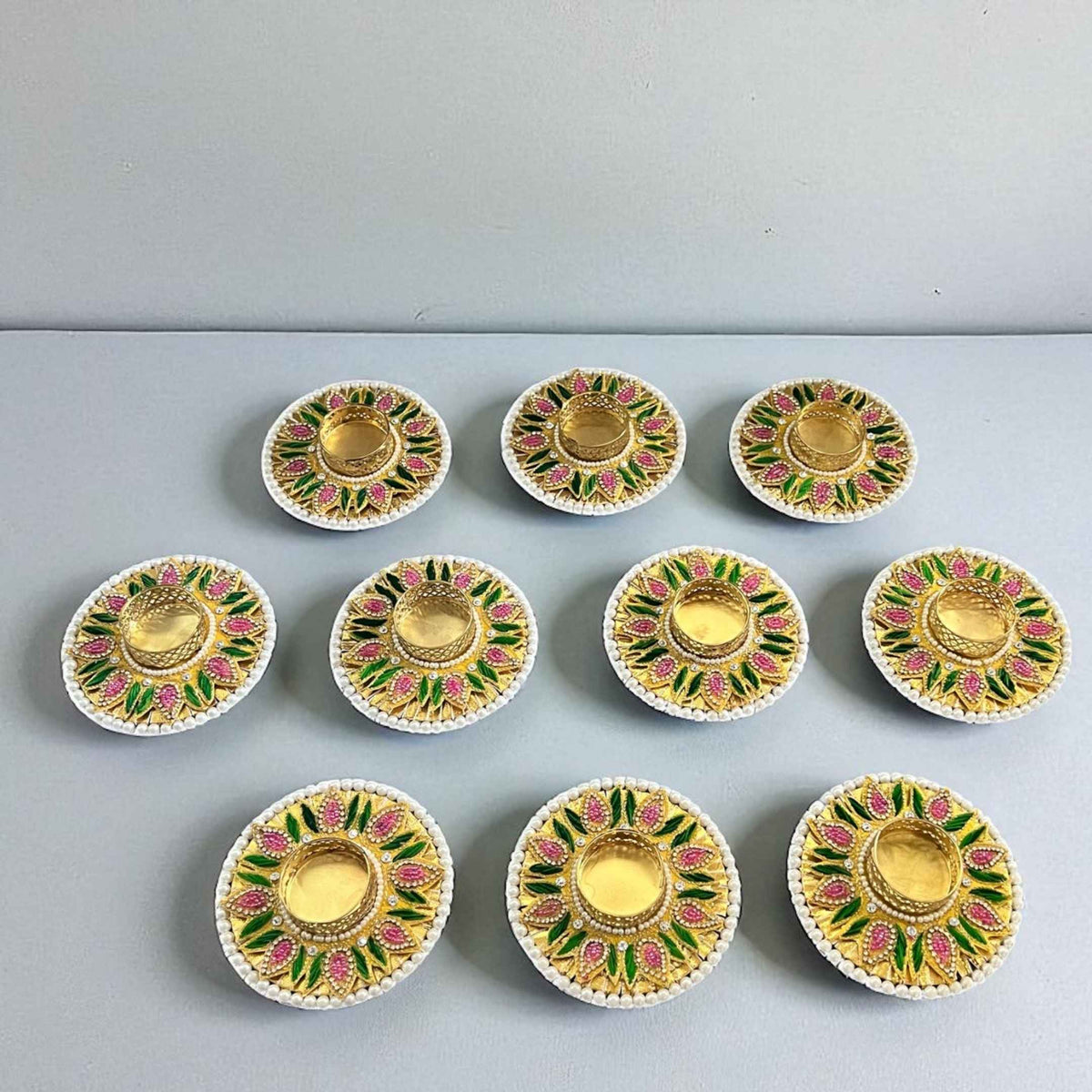 Floral Stonework Diya Set of 10 - Pearl Rim Tea Light Holders