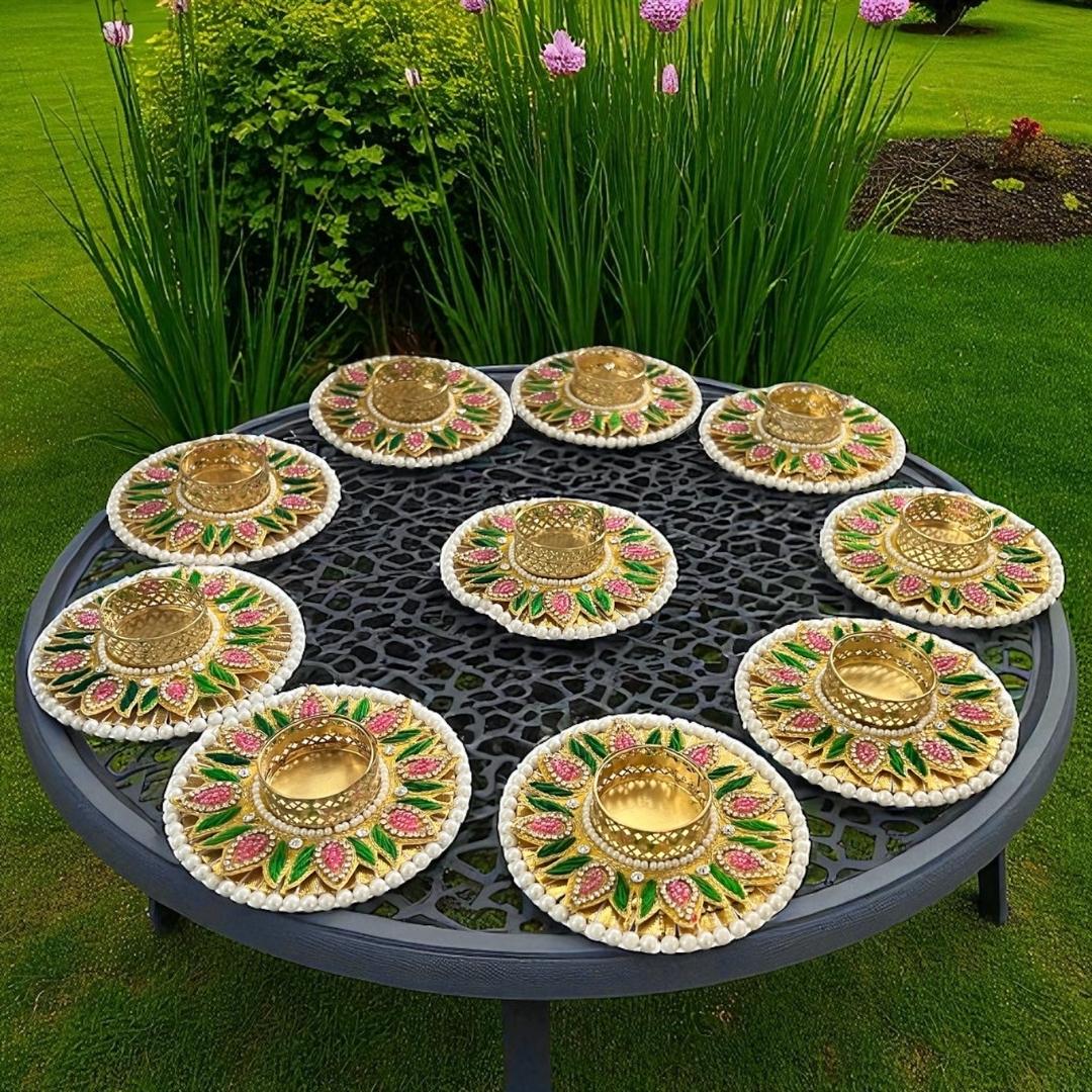 Floral Stonework Diya Set of 10 - Pearl Rim Tea Light Holders