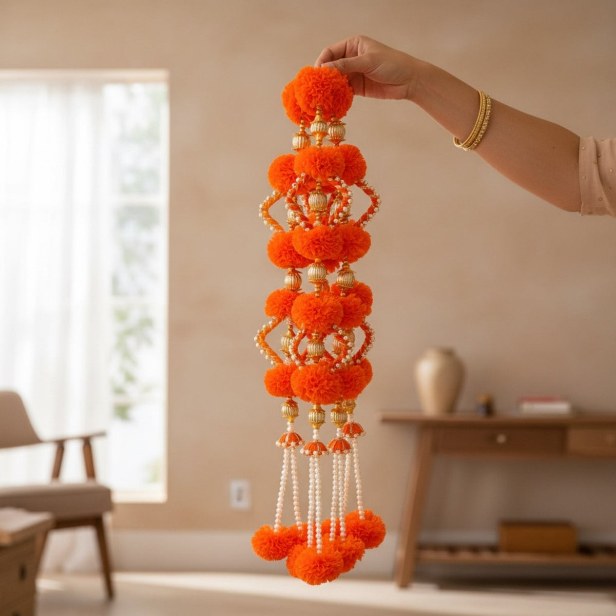 Marigold Garland with Pearl Danglers - Set of 10, 2FT