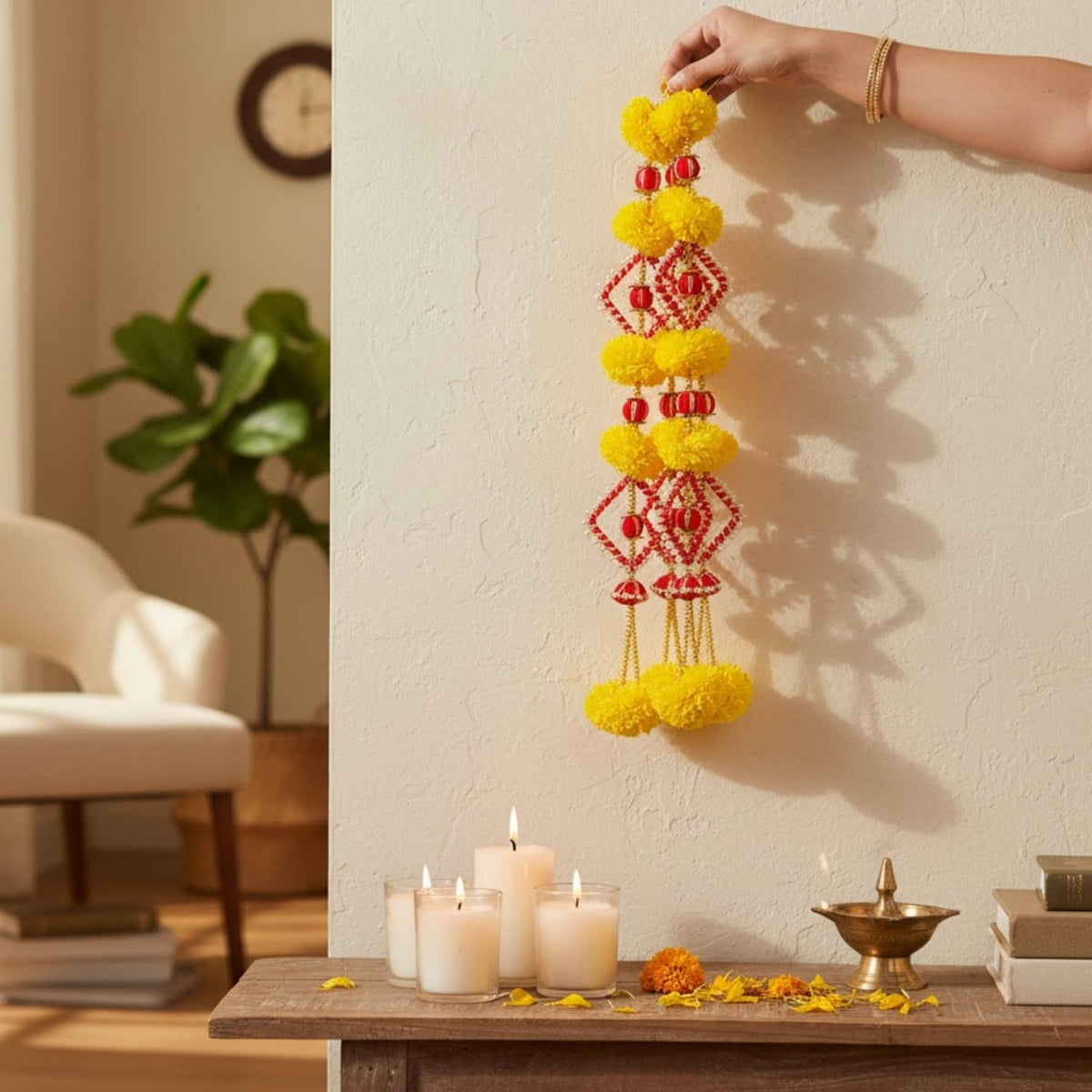 Marigold Garland with Pearl Danglers - Set of 10, 2FT