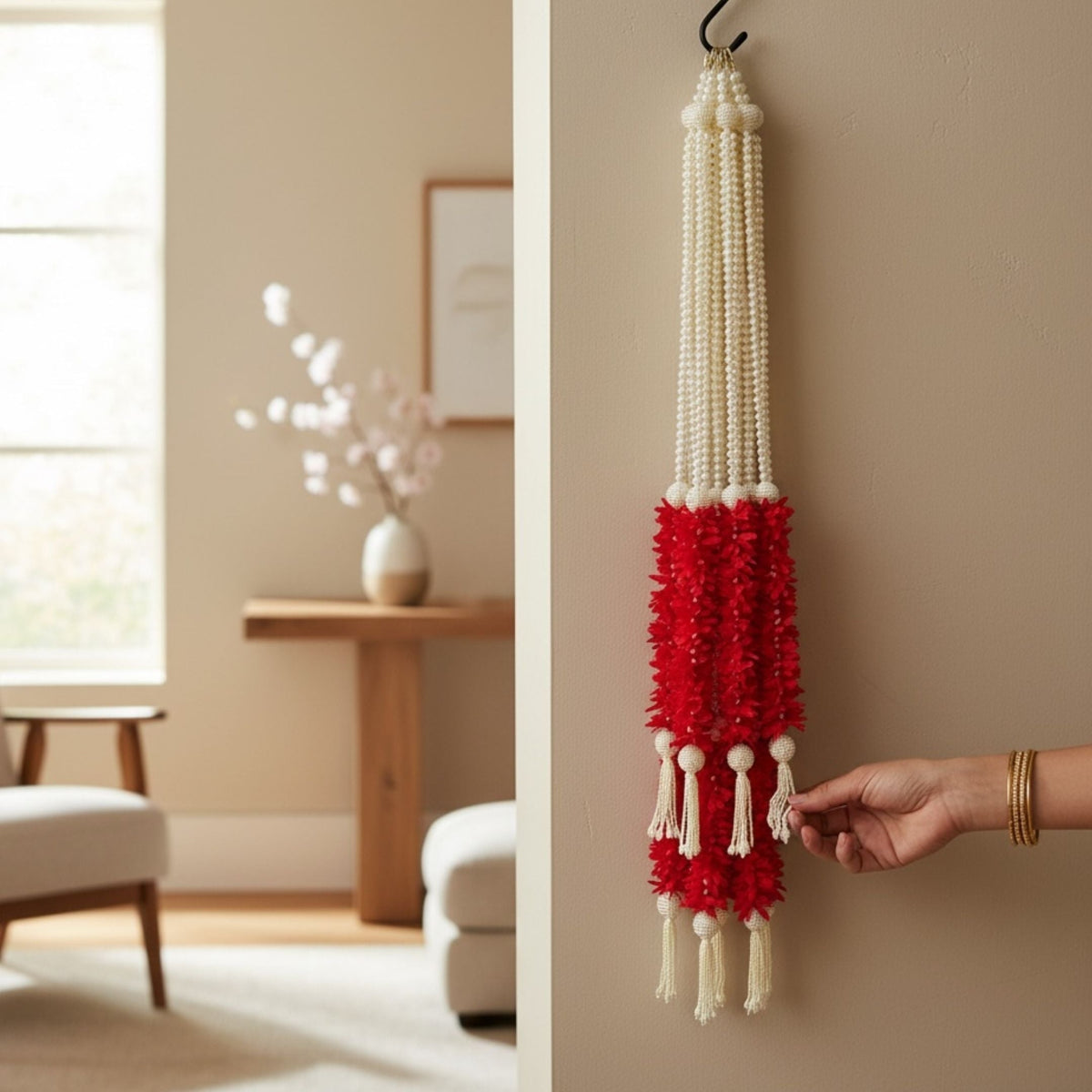Red Fabric and Pearl Door Garland Set of 6 - 3FT with Hook