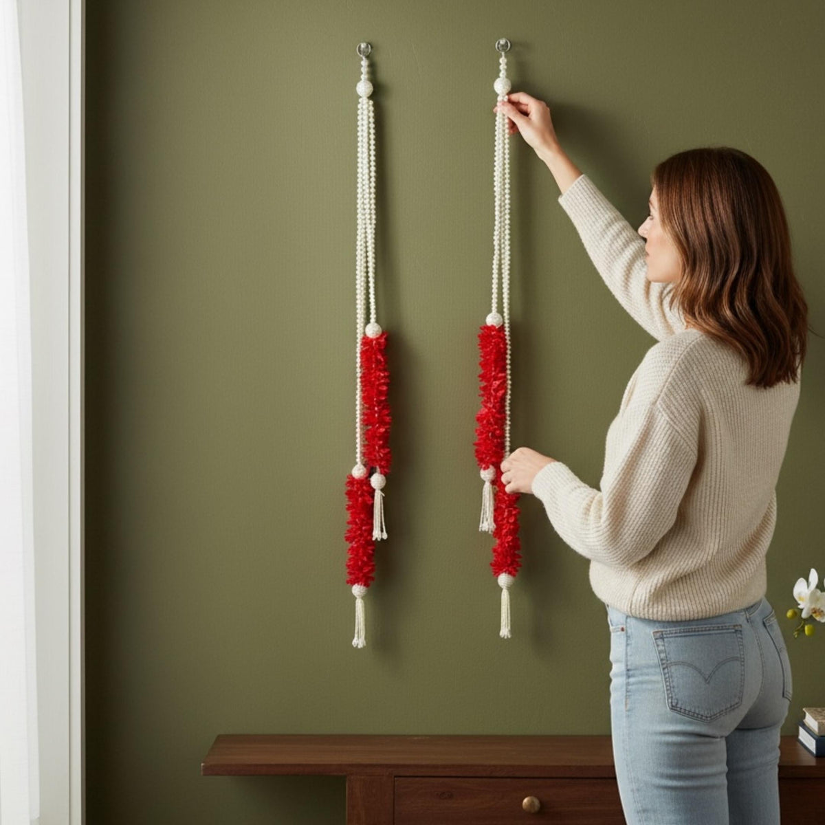 Red Fabric and Pearl Door Garland Set of 6 - 3FT with Hook