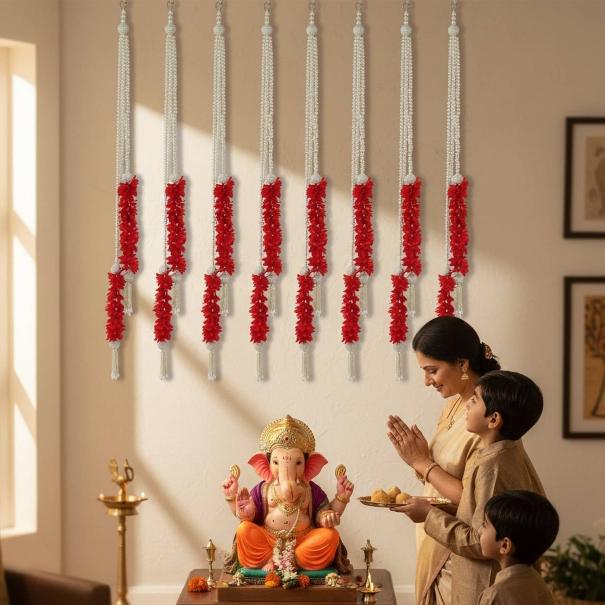 Red Fabric and Pearl Door Garland Set of 6 - 3FT with Hook